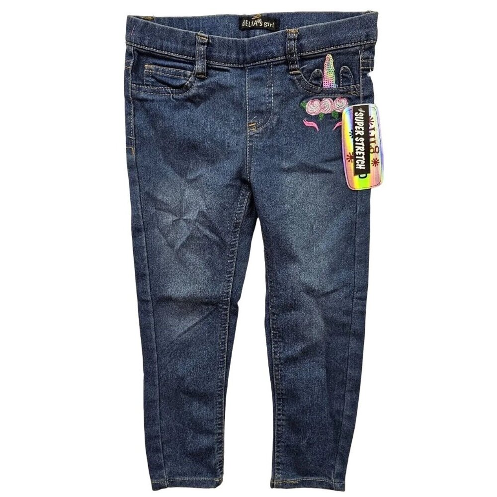 Delia's Girls Blue Unicorn Sequined Pull Up Jeans Size 5